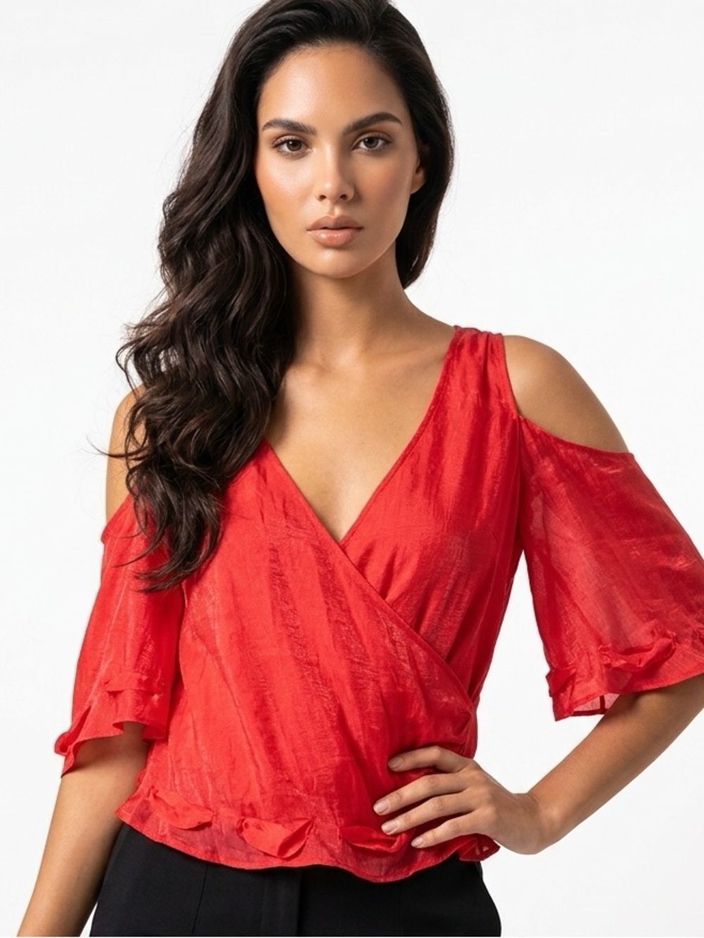 EMPORIO ARMANI | Red Silk Cold Shoulder Surplice Neckline Blouse Women’s Size 8